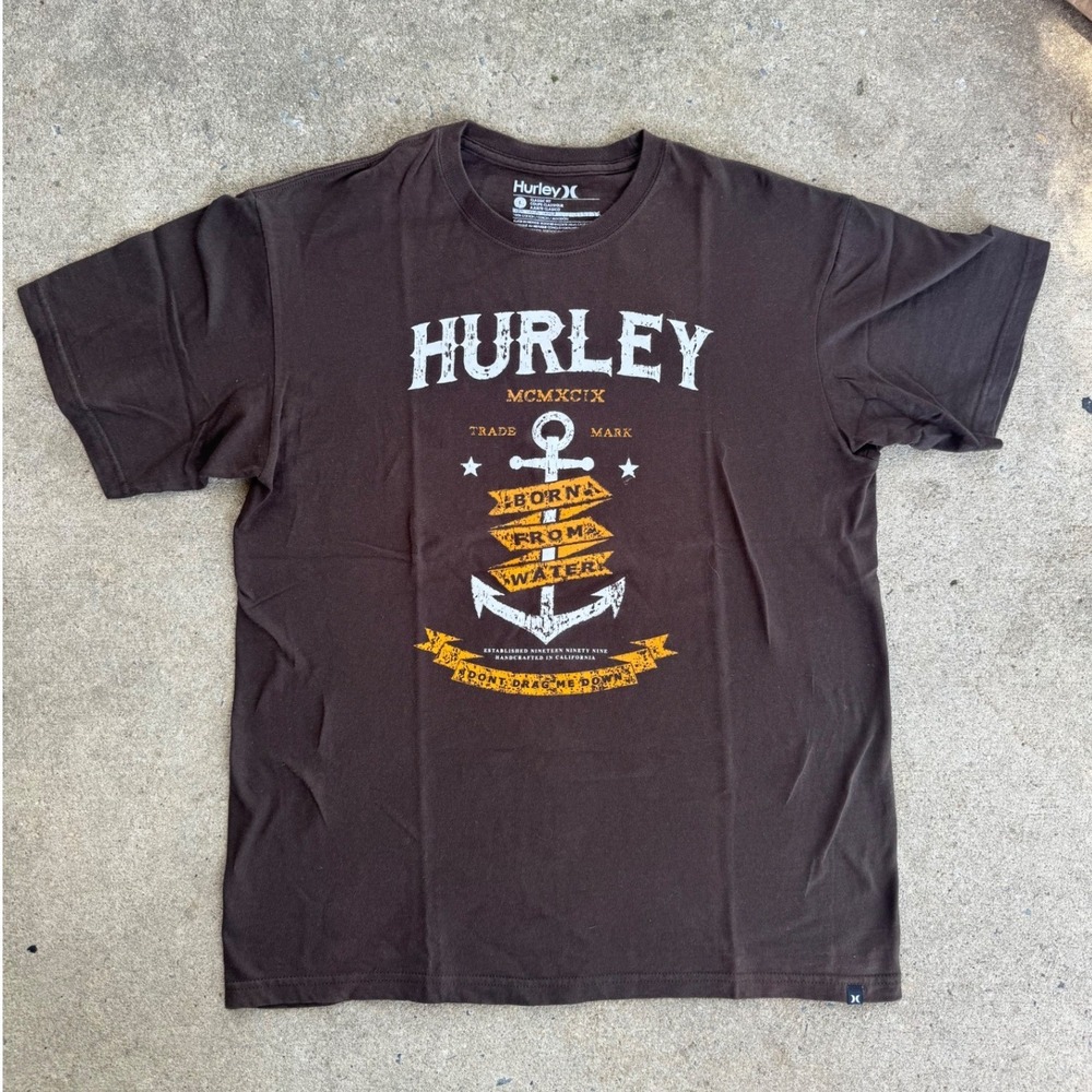 Hurley Mens Brown Anchor Graphic Born From Water Cotton T-Shirt L Classic Fit